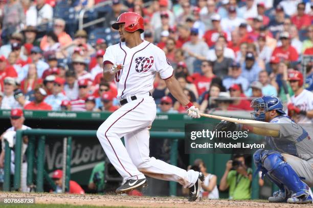 Joe Ross of the Washington Nationals takes a swing during a baseball game against the Chicago Cubs at Nationals Park on June 29, 2017 in Washington,...