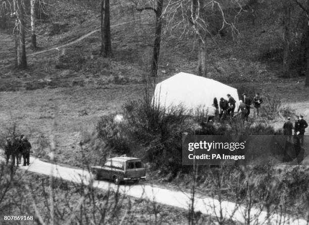 Tarpaulin structure covers the manhole cover under which the body of kidnapped heiress Lesley Whittle was discovered by police.