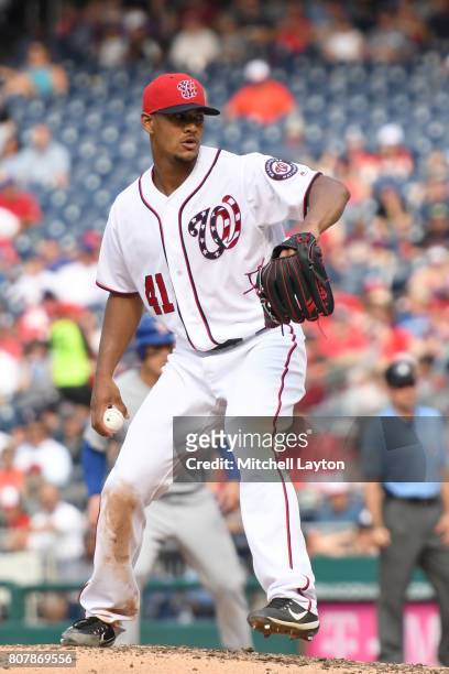 Joe Ross of the Washington Nationals pitches during a baseball game against the Chicago Cubs at Nationals Park on June 29, 2017 in Washington, DC....