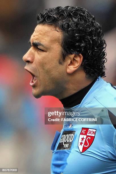 Egypt's African Nations Cup winning goalkeeper Essam El-Hadary reacts during his first ever football game of the Swiss Super League, Neuchatel-Xamax...