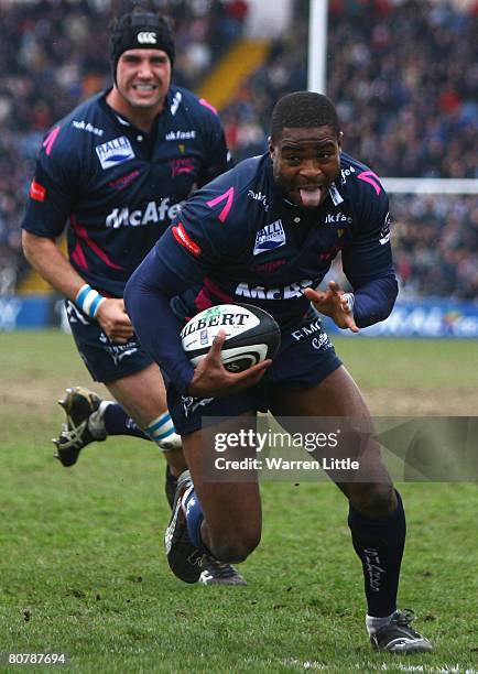 Selorm Kuadey of Sale crosses the try line during the Guinness Premiership match between Sale Sharks and Newcastle Falcons at the Edgeley Park on...