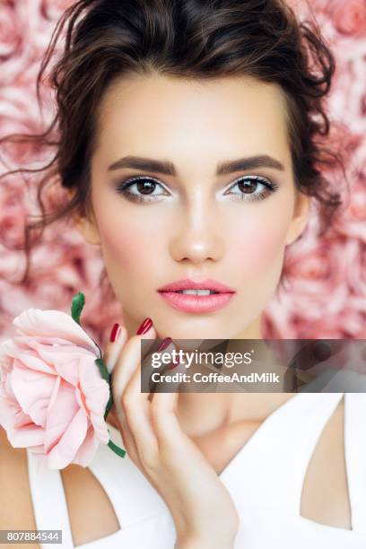 studio shot of young beautiful bride - pink wedding dress stock pictures, royalty-free photos & images