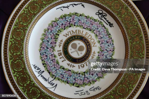 Comemorative plate from 1977 signed by the mens and womens singles tournament finalists in the Wimbledon Museum, during Day Three of the 2010...