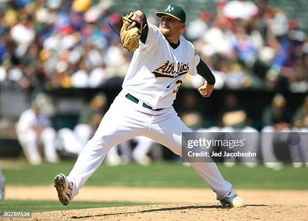 Dana Eveland of the Oakland Athletics pitches against the Kansas City Royals during a Major League Baseball game on April 20, 2008 at McAfee Coliseum...