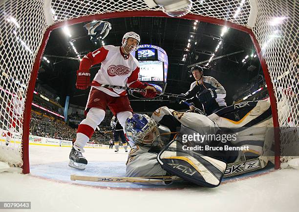 Dan Cleary of the Detroit Red Wings looks for a rebound off Dan Ellis of the Nashville Predators on April 20, 2008 during game six of the Western...