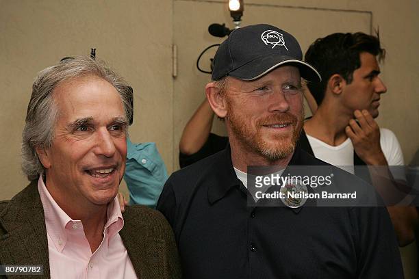 Actor Henry Winkler and director Ron Howard attend the premiere of 'A Plumm Summer' at the Mann Bruin Theatre on April 20, 2008 in Westwood,...