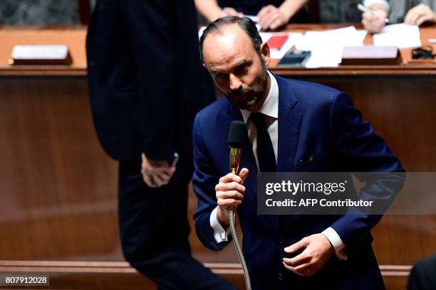 French Prime Minister Edouard Philippe delivers a remark after winning a vote of confidence following his address of general policy speech before at...