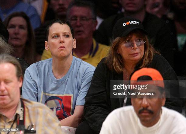 Lori Petty and Penny Marshall attend the Los Angeles Lakers vs the Denver Nuggets game at the Staples Center on April 20, 2008 in Los Angeles,...