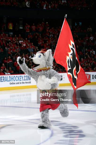 Calgary Flames mascot Harvey the Hound riles up the home town crowd against the San Jose Sharks on April 20, 2008 of the 2008 NHL conference...