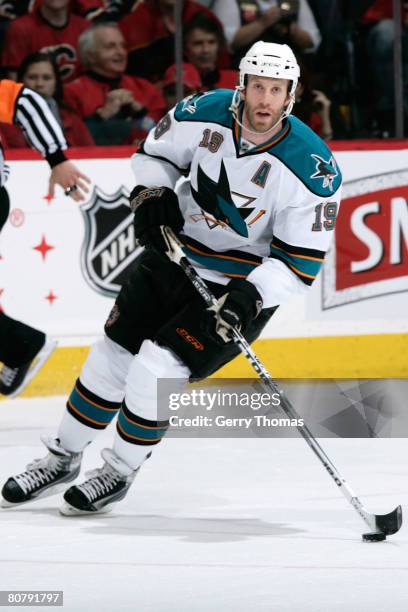 Joe Thornton of the San Jose Sharks skates against the Calgary Flames on April 20, 2008 of the 2008 NHL conference quarter-final series at Pengrowth...