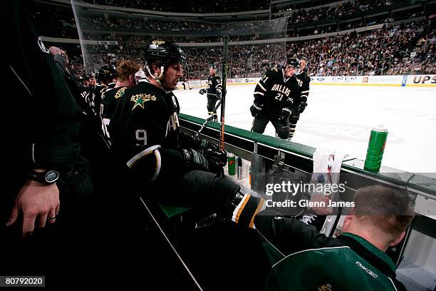 Mike Modano of the Dallas Stars has his skate sharpened for the final shifts of the series against the Anaheim Ducks during Game Six of the 2008 NHL...