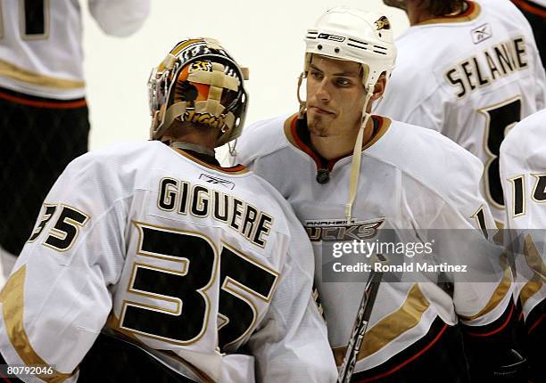 Ryan Getzlaf hugs goaltender Jean-Sebastien Giguere of the Anaheim Ducks after a 4-2 series loss to the Dallas Stars in Game Six of the 2008 NHL...