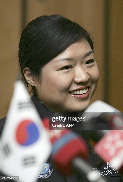 Astronaut Yi So-Yeon of South Korea attends a press conference outside Moscow in Star City on April 21, 2008. The first South Korean in space...