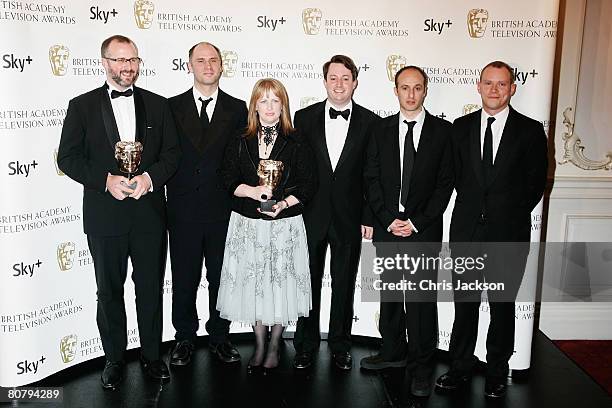 Sam Bain, Jesse Armstrong, Becky Martin, David Mitchell , Robert Popper and Robert Webb pose with the award for Best Situation Comedy for 'Peep Show'...