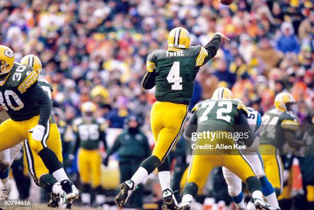 Green Bay Packers quarterback Brett Favre fires a pass during the NFC Championship Game, a 30-13 victory over the Carolina Panthers on January 12 at...