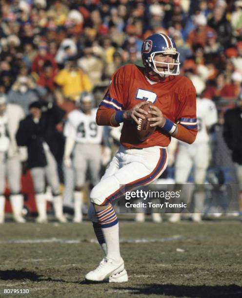 Denver Broncos quarterback Craig Morton scans the field during the AFC Championship Game, a 20-17 victory over the Oakland Raiders on January 1 at...