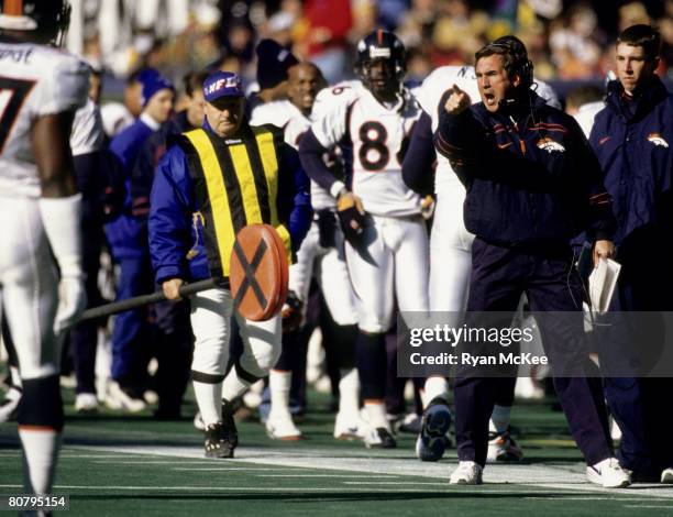 Denver Broncos head coach Mike Shanahan in action barking out instructions during the Broncos 24-21 victory over the Pittsburgh Steelers in the 1997...