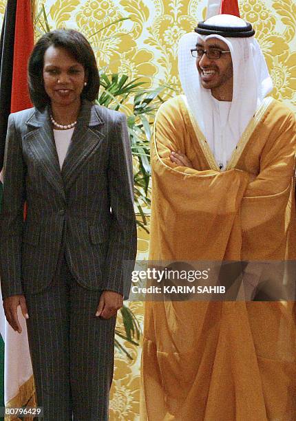Secretary of State Condoleezza Rice stands next to Emirati Foreign Minister Sheikh Abdullah bin Zayed al-Nahayan during a meeting with foreign...