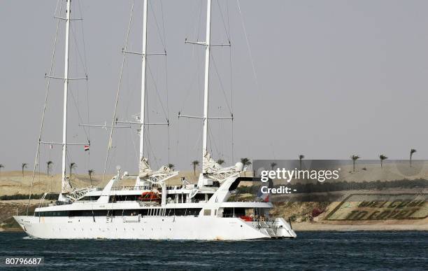 French luxury boat Le Ponant cruises by on April 21, 2008 in the Suez Canal towards the Mediterranean Sea near the city of Ismailia, 120 kms...