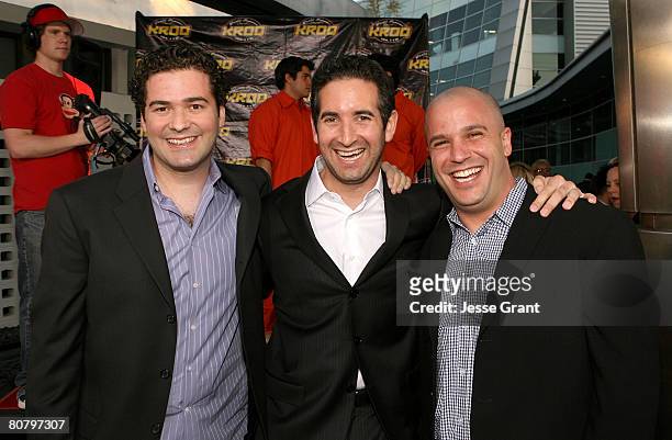 Directors Jon Hurwitz and Hayden Schlossberg with producer Nathan Kahane arrive at the "Harold and Kumar Escape from Guantanamo Bay" Premiere at the...