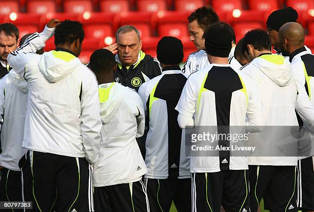 Avram Grant the manager of Chelsea talks with his players before a training session at Anfield ahead of their UEFA Champions League Semi-Final 1st...