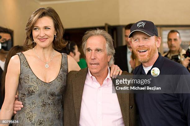 Actress Brenda Strong and actors Henry Winkler and Ron Howard attend "A Plumm Summer" Premiere at the Mann Bruin Theater on April 19, 2008 in...