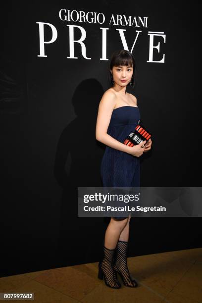 Suzu Hirose attends the Giorgio Armani Prive Haute Couture Fall/Winter 2017-2018 show as part of Haute Couture Paris Fashion Week on July 4, 2017 in...