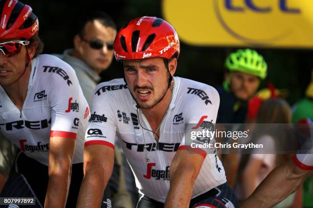 John Degenkolb of Germany riding for Trek - Segafredo rides in after crashing during stage four of the 2017 Le Tour de France, a 207.5km stage from...