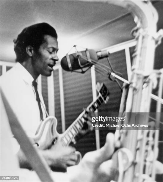 Chuck Berry in Chess Records recording studio circa 1960 in Chicago Illinois.