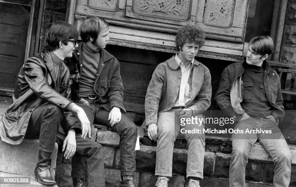Gram Parsons, Kevin Kelly, Chris Hillman and Jim "Roger" McGuinn pose for a portrait in 1968.