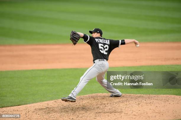 Jake Petricka of the Chicago White Sox delivers a pitch against the Minnesota Twins during the game on June 22, 2017 at Target Field in Minneapolis,...