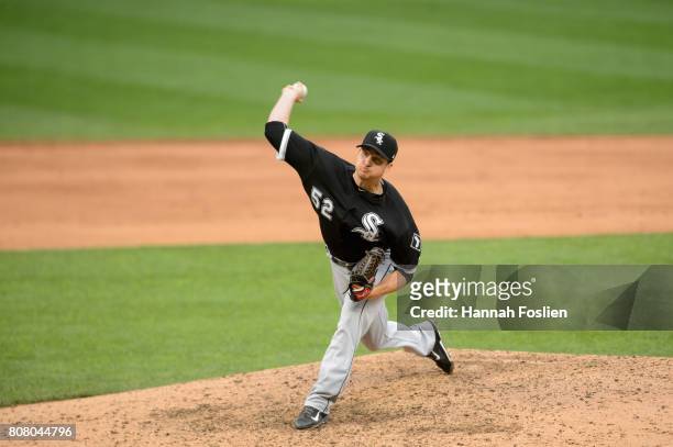 Jake Petricka of the Chicago White Sox delivers a pitch against the Minnesota Twins during the game on June 22, 2017 at Target Field in Minneapolis,...
