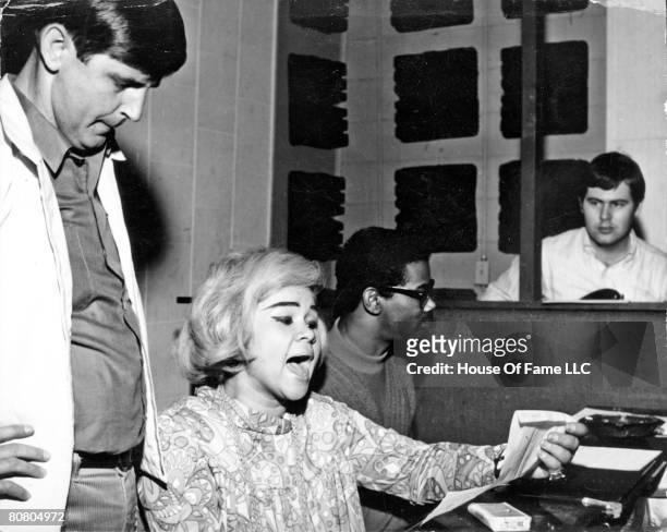 Rick Hall, R and B singer Etta James, Marvell Thomas and David Hood recording at Fame Studios circa 1967 in Muscle Shoals, Alabama.