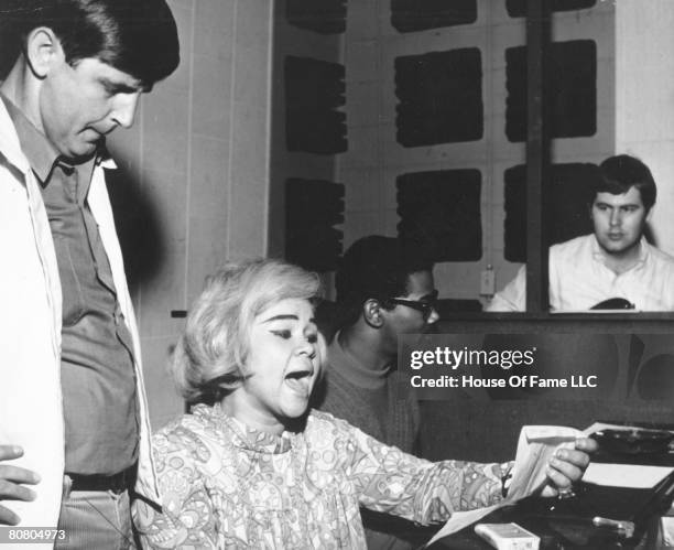 Rick Hall, R and B singer Etta James, Marvell Thomas and David Hood recording at Fame Studios circa 1967 in Muscle Shoals, Alabama.