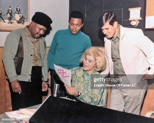 Gene "Bowlegs" Miller, Billy Foster , R&B singer Etta James and owner of Fame Studios Rick Hall during a rehearsal for recording session at Fame...