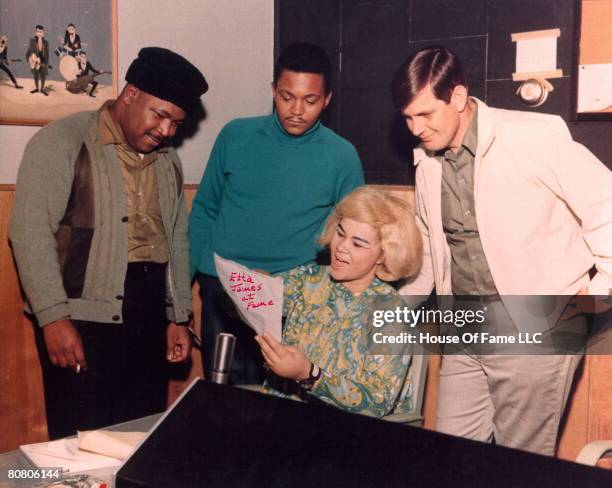 Gene "Bowlegs" Miller, Billy Foster , R&B singer Etta James and owner of Fame Studios Rick Hall during a rehearsal for recording session at Fame...