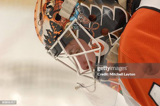 Martin Biron of the Philadelphia Flyers takes a break during game five of the 2008 NHL Stanley Cup Playoffs Eastern Conference Quaterfinals against...