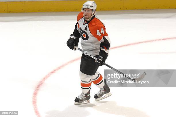 Kimmo Timonen of the Philadelphia Flyers skates during game five of the 2008 NHL Stanley Cup Playoffs Eastern Conference Quaterfinals against the...