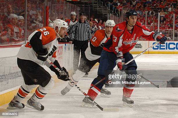Jaroslav Modry of the Philadelphia Flyers looks to pass the puck during game five of the 2008 NHL Stanley Cup Playoffs Eastern Conference...