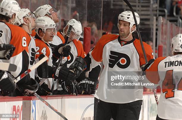 Darian Hatcher of the Philadelphia Flyers celebrates a goal during game five of the 2008 NHL Stanley Cup Playoffs Eastern Conference Quaterfinals...