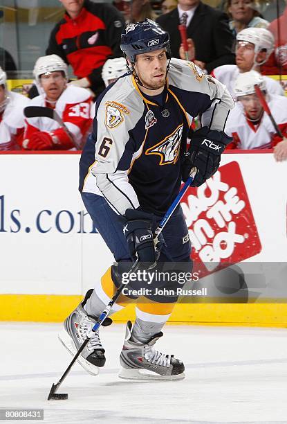 Shea Weber of the Nashville Predators skates against the Detroit Red Wings during game four of the 2008 NHL Stanley Cup Playoff conference...