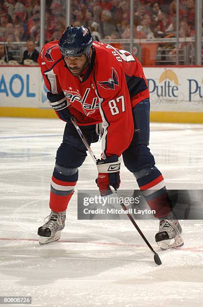 Donald Brashear of the Washington Capitals gets set for play during game five of the 2008 NHL Stanley Cup Playoffs Eastern Conference Quaterfinals...