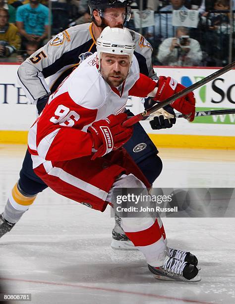 Tomas Holmstrom of the Detroit Red Wings skates against the Nashville Predators during game four of the 2008 NHL Stanley Cup Playoff conference...