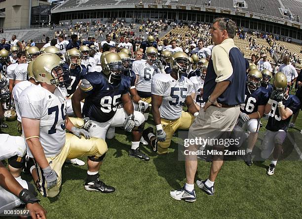 Head coach Paul Johnson of the Georgia Tech Yellow Jackets addresses the entire team after the Georgia Tech T-Day Spring football game on April 19,...