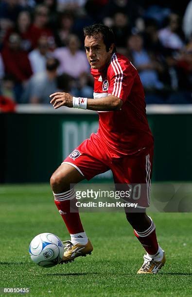 Cuauhtemoc Blanco of the Chicago Fire moves the ball up the field during the first half against the Kansas City Wizards at Toyota Park on April 20,...