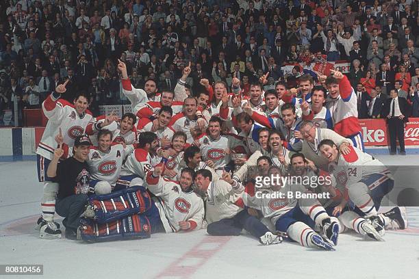 Portrait of the Montreal Canadiens hockey team as they pose on the after defeating the Los Angeles Kings in the Stanley Cup finals, Montreal, Quebec,...