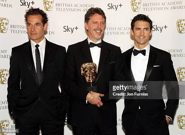 Adrian Pasdar, Tim Kring and Milo Ventimiglia with their Best International award for "Heroes" during the British Academy Television Awards 2008 held...