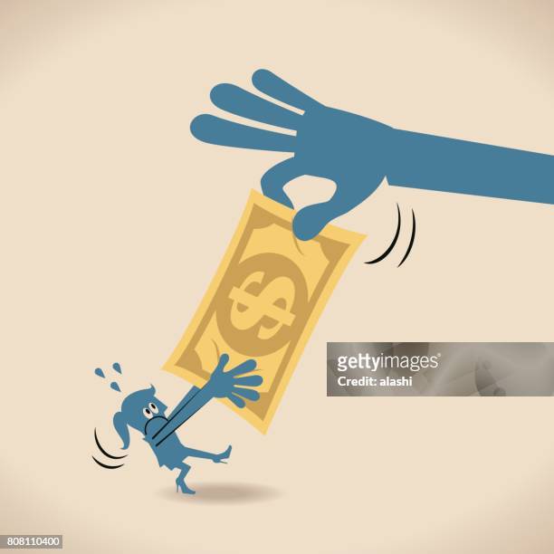 big hand robbing (seizing; stealing) money (dollar) from woman (businesswoman) - trapped illustration stock illustrations