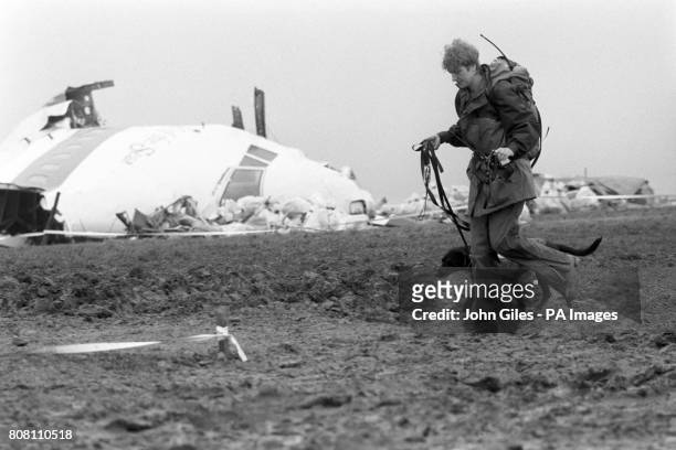Member of the mountain rescue team helping in the search around Lockerbie, passes the remains of the cockpit of the Pan Am Boeing 747, which was...