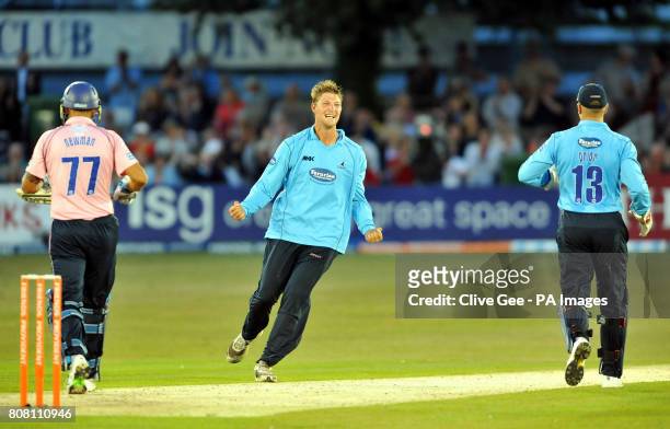 Sussex's Ollie Rayner celebrates after taking the wicket of Middlesex's Scott Newman during the Friends Provident T20, South Group match at The...